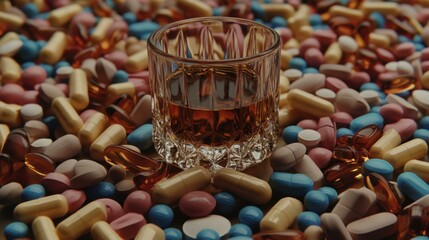 Glass of whiskey surrounded by colorful pills and capsules on a textured surface, creating a vibrant scene