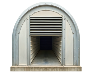 Arch-shaped storage shed with ventilation for outdoor equipment on a transparent background