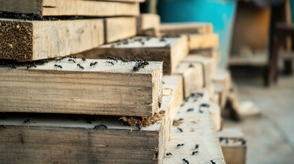 Close-up of wooden planks infested with ants in a workshop setting, showcasing nature's impact on materials