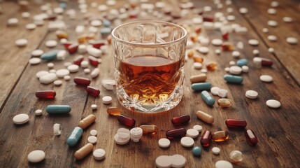 A glass of amber whiskey surrounded by an array of colorful pills on a rustic wooden table
