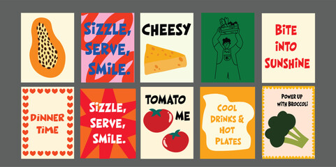 Colorful vegan food banner with fresh fruits and vegetables. Includes phrases like “Green Goodness” and “Chill & Grill.” Features tomatoes, pomegranate, broccoli, pineapple, and avocado. 