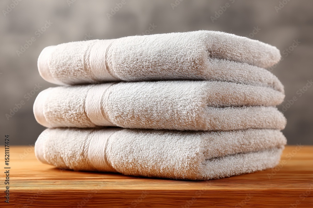 Poster soft white towels stacked neatly on a wooden surface creating a clean and fresh ambiance in a bathro