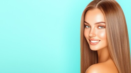 Naklejka premium Beautiful woman with long straight hair smiles against light blue background