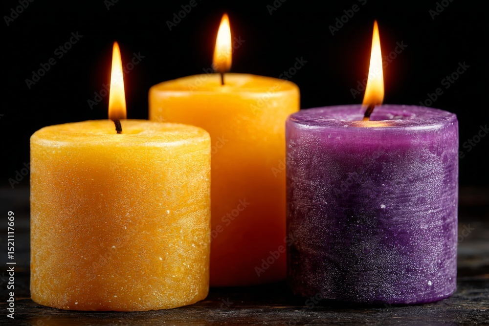 Poster candles lit in warm hues create a calming atmosphere in a cozy setting