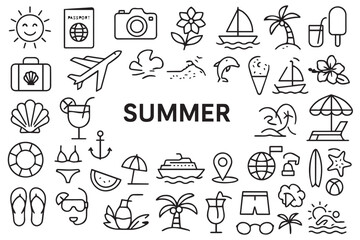 Fototapeta premium Summer fun and travel icons set including sun, beach, swimsuit, swimming, ice cream, tropical drinks, vacation, sightseeing, and holiday activities icons set