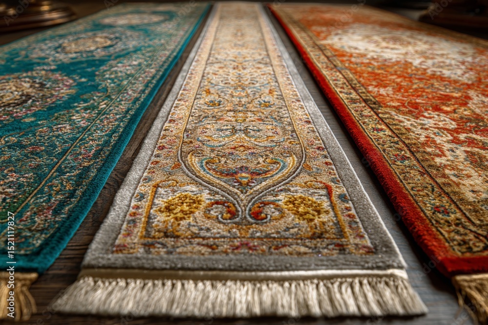 Aufkleber beautifully crafted rugs displayed on a wooden floor in an elegant setting showcasing intricate patt