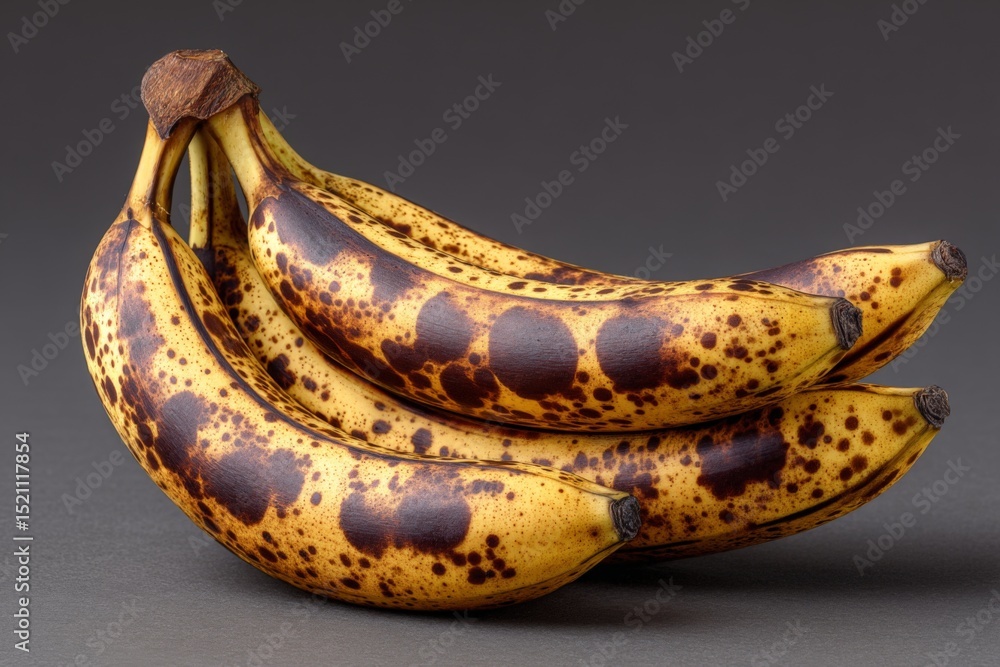 Poster ripe bananas with brown spots piled on a neutral background showcasing their unique texture and colo