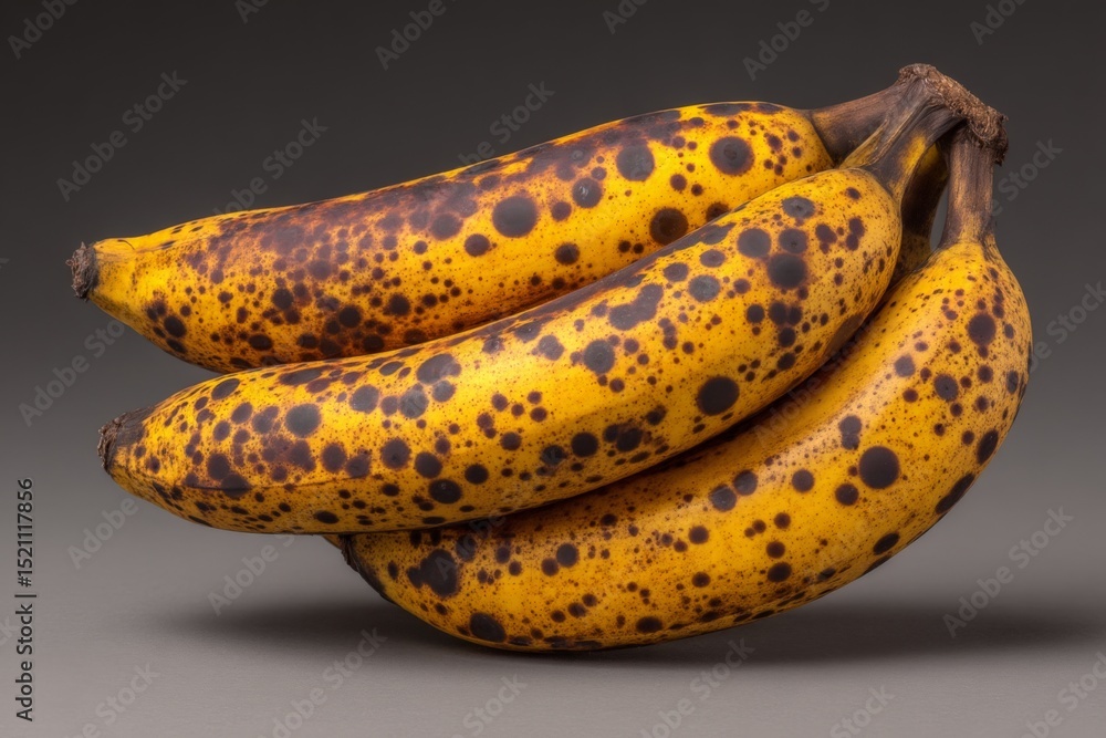 Poster ripe bananas with dark spots arranged on a plain background for a still life composition