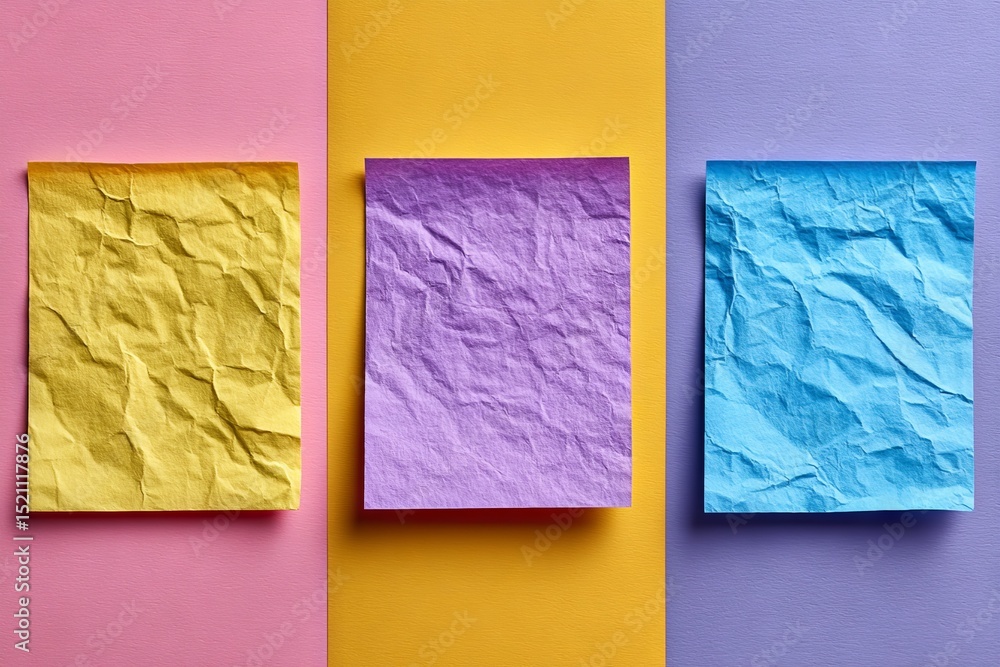 Poster colorful crumpled paper sheets arranged artistically on vibrant background surfaces in a creative se