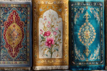 Beautifully crafted rugs displayed in an indoor market showcasing intricate designs and vibrant colors