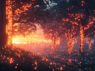 Naklejka premium A Dreamy Twilight: Cityscape Glimpsed Through Luminous Trees, a Magical Fusion of Urban and Natural Beauty, Drenched in Warm Golden Light and Sparkling Dewdrops.