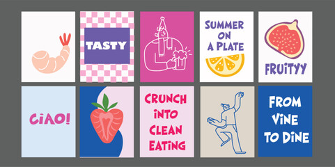 Cartoon summer food banner, perfect for bistro or restaurant promotion. Featuring fresh tomatoes, broccoli, avocado, pineapple. Ideal for seasonal menus, healthy eating ads