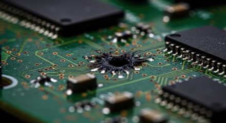 Close-up of a damaged circuit board showcasing a prominent hole surrounded by electronic components