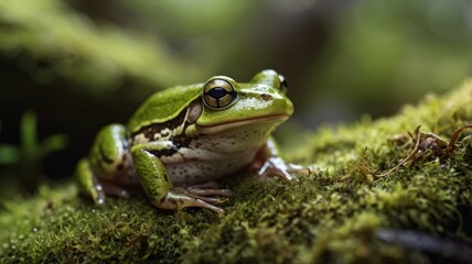Fototapeta premium Macro shot of a green frog that is sitting on moss