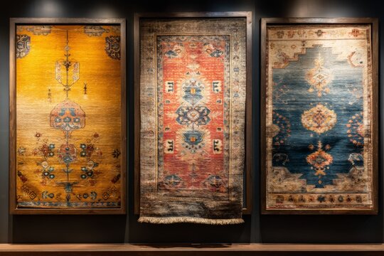 Decorative rugs displayed in a gallery setting showcasing intricate patterns and vibrant colors