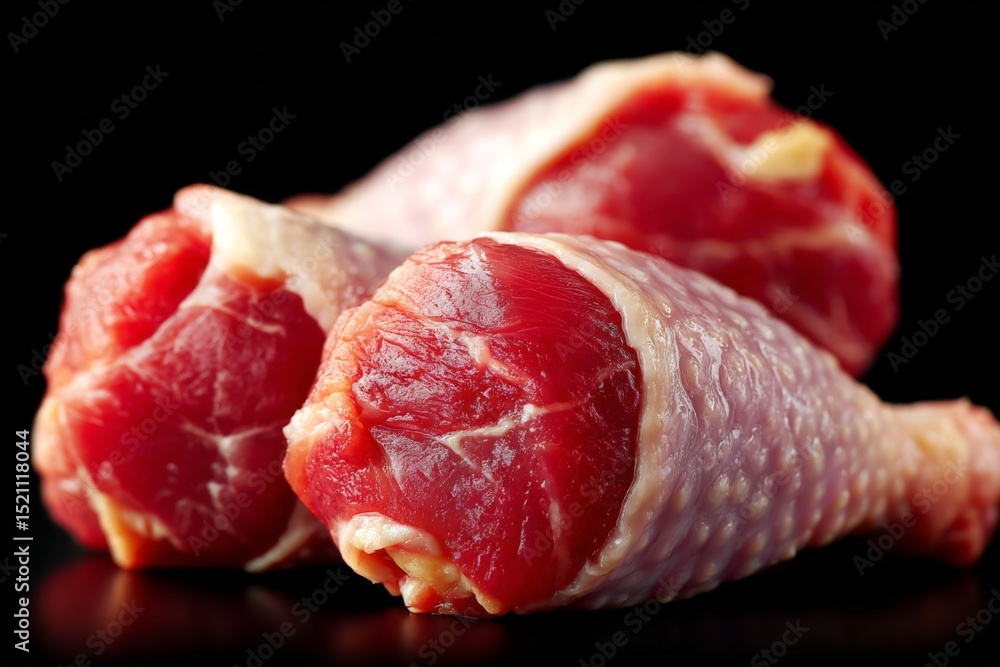 Aufkleber fresh meat cuts displayed on a black surface showcasing rich colors and textures of raw drumsticks r