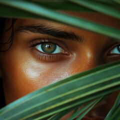 Portrait of Woman Peeking Through Palm Leaf - Clean Bali Composition