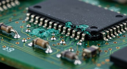 Close-up of a damaged circuit board showing corrosion on components and solder joints in a tech environment