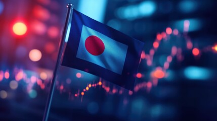 Vibrant Japanese Flag Waves Against a Cityscape with Financial Data Visualization in Background