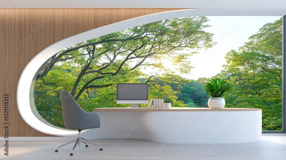 Poster modern office overlooking lush green trees through unique window