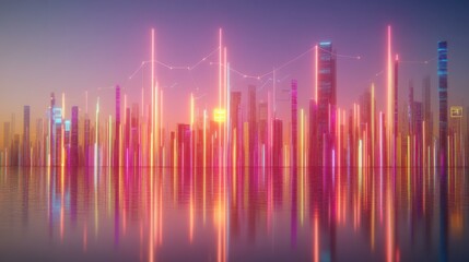 Vibrant futuristic city skyline at sunset, reflecting on water with colorful lights and data visuals