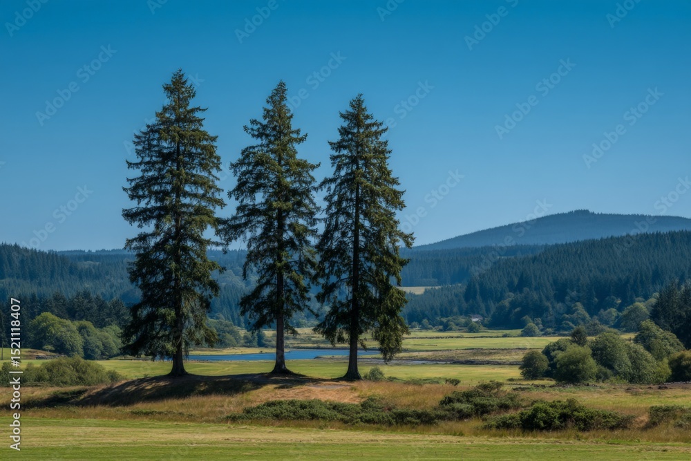 Aufkleber scenic view of three tall evergreen trees by a serene lake in a lush green valley during a bright su