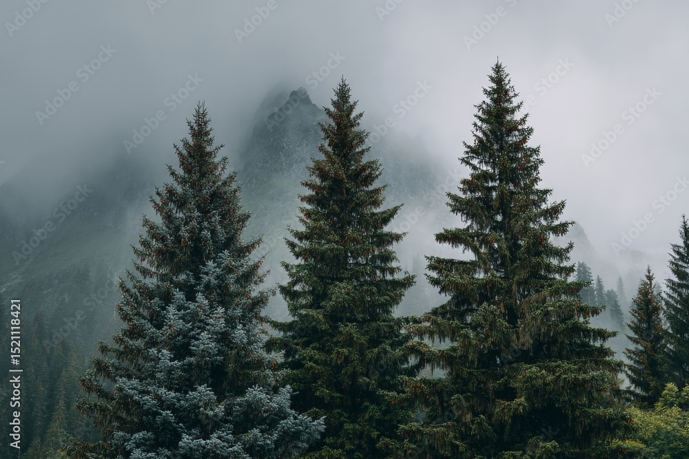 Poster Dense evergreen trees create a picturesque view of mountains shrouded in mist on a cloudy day in the wilderness