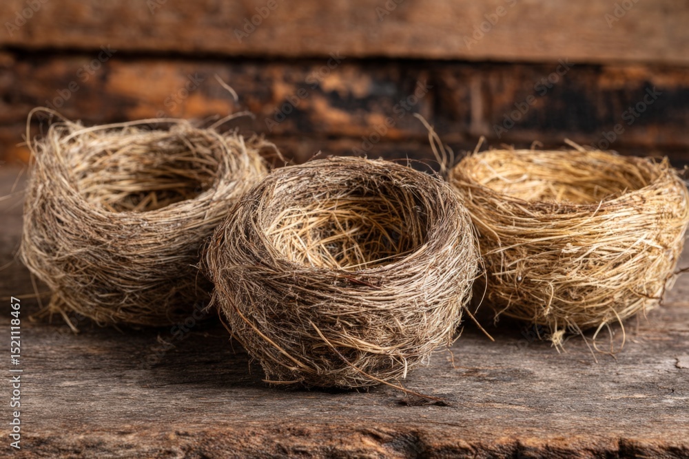 Aufkleber natural nests made of twigs and grass scattered on a rustic wooden surface