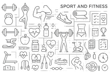 Complete fitness icons collection workout, strength training, gym, health, cardio, wellness, muscle, fitness gear, and active lifestyle elements