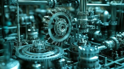 Intricate close-up of interconnected metal gears and machinery in a factory setting, showcasing engineering precision