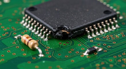 Close-up of a damaged microchip on a green circuit board with visible electronic components