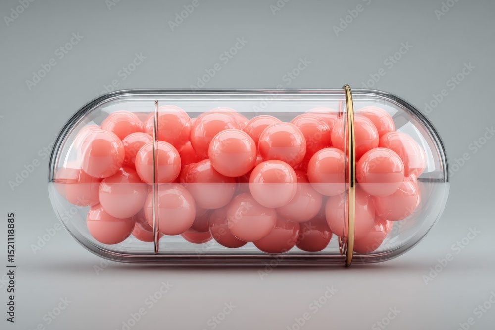Poster capsule filled with pink spheres resting on a neutral background showcasing modern design and creati