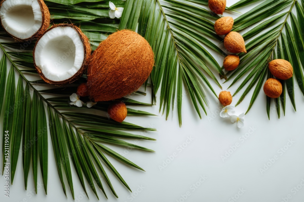Poster coconuts and almonds arranged on tropical palm leaves with white flowers in a natural setting