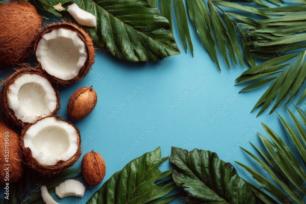 Poster fresh coconuts and tropical leaves arranged on a blue surface for a vibrant display