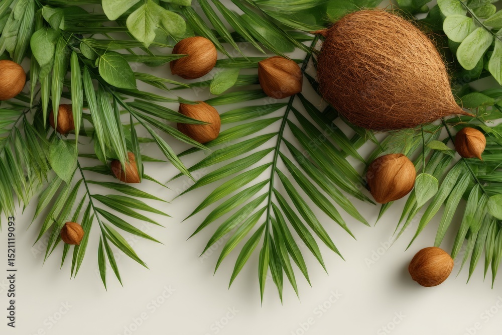 Poster decorative arrangement of green leaves and natural elements on a light background creates a serene b