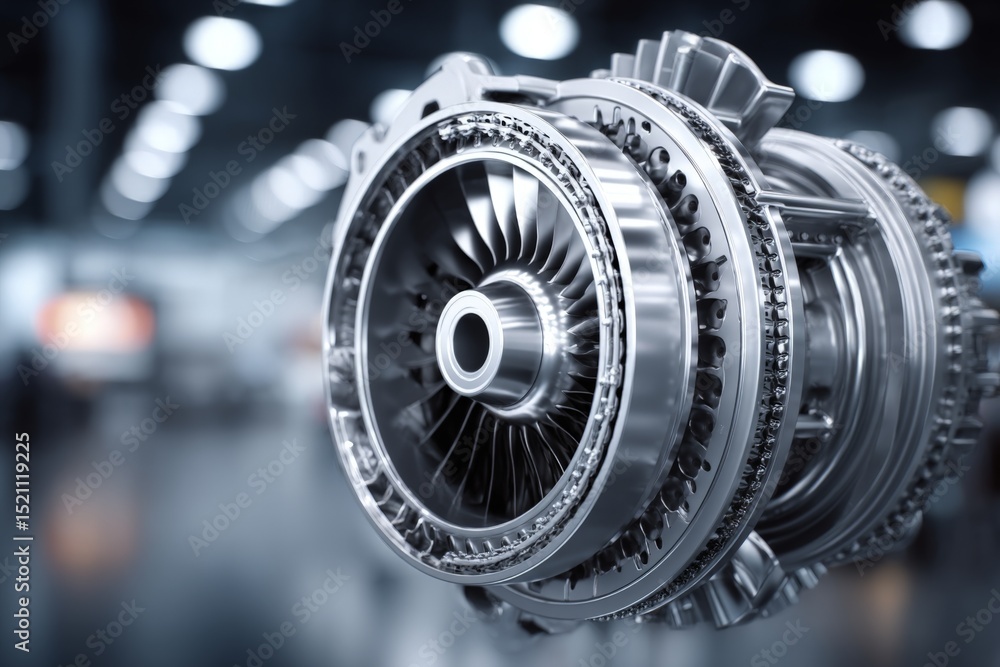 Poster High-quality jet engine turbine component displayed in an industrial workshop setting with blurred background