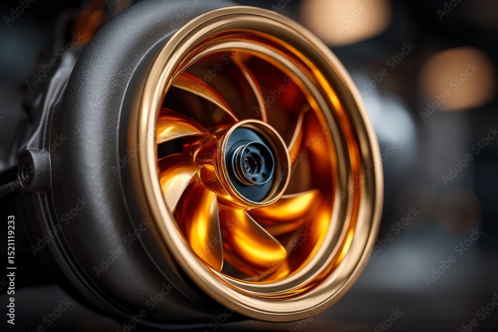 Poster close-up view of a polished turbocharger turbine showcasing intricate design and craftsmanship at an