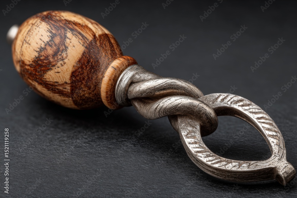 Poster intricate wooden handle and silver knot design showcasing craftsmanship and unique materials