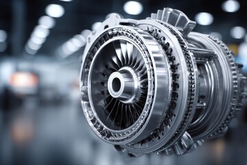 High-quality jet engine turbine component displayed in an industrial workshop setting with blurred background