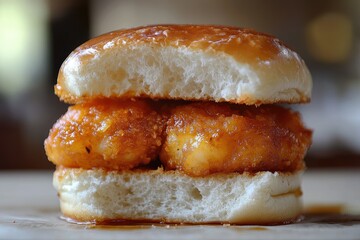 Crispy fried chicken nuggets sandwiched between two soft, glazed buns, a delicious treat.
