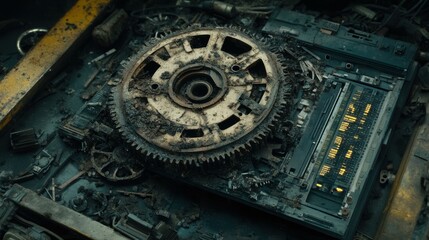 Rusty mechanical gear on a dirty surface, surrounded by debris, hinting at industrial decay
