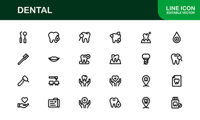 Dental Care Icon Set in Vector Style Featuring Teeth, Toothbrush, Dentist Tools, and Oral Hygiene Symbols for Medical and Health Projects