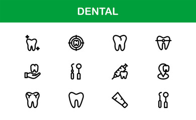 Dental Care Icon Set in Vector Style Featuring Teeth, Toothbrush, Dentist Tools, and Oral Hygiene Symbols for Medical and Health Projects