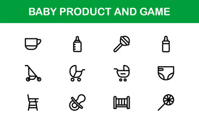 Vector Icons Collection for Baby Products and Games Including Toys, Rattles, Pacifiers, and Play Elements