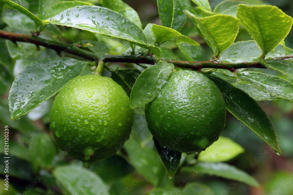 Poster limes hanging on a branch covered in raindrops in a tropical garden setting