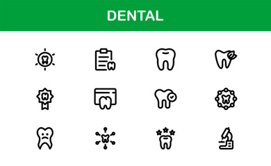 Dental Care Icon Set in Vector Style Featuring Teeth, Toothbrush, Dentist Tools, and Oral Hygiene Symbols for Medical and Health Projects