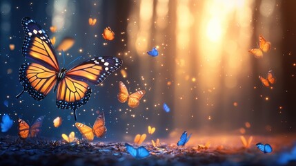 Monarch butterflies flutter among glowing lights in a magical forest