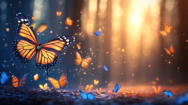 Monarch butterflies flutter among glowing lights in a magical forest - Powered by Adobe