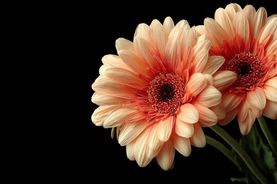 Beautiful orange gerbera daisies blooming against a dark background showcasing their delicate petals and vibrant colors