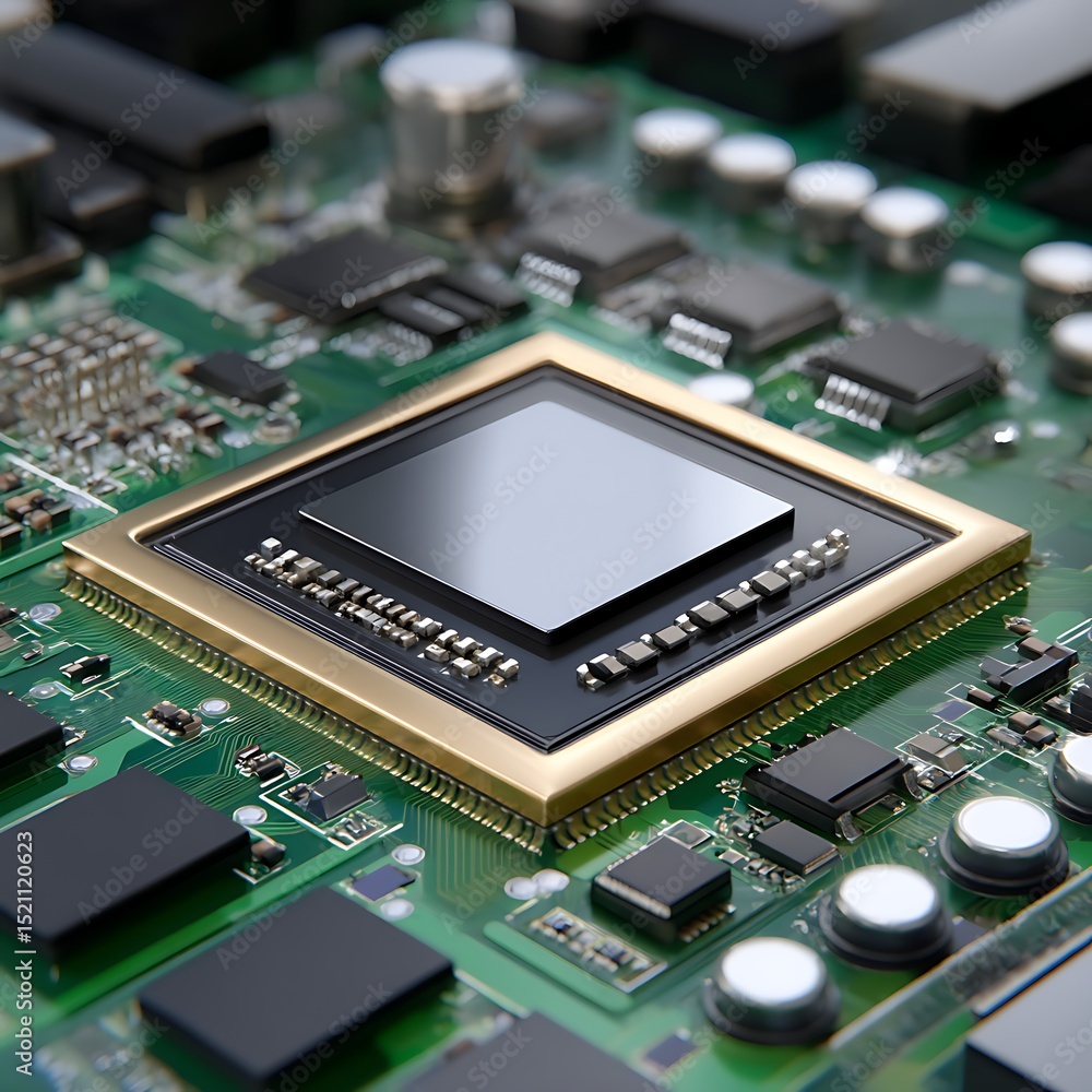 Poster close-up of modern computer microchip on circuit board technology